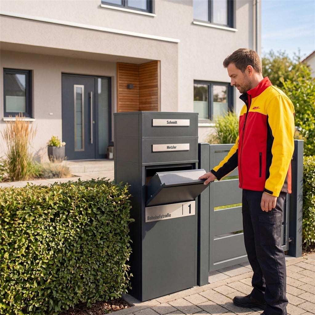 Metzler Paketbox mit Briefkasten | Entnahme auf der Rückseite | personalisiert mit Gravur | Zivo 2