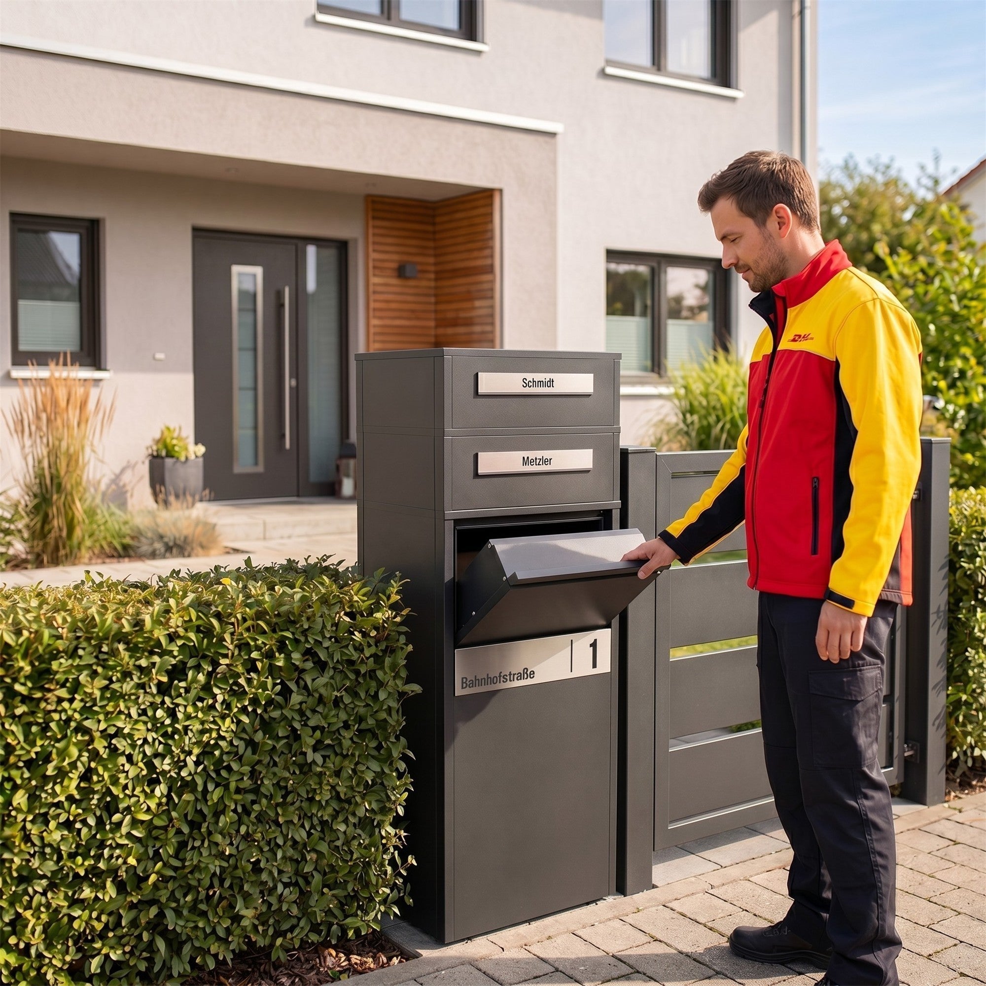 Metzler Paketbox mit Briefkasten | Entnahme auf der Rückseite | personalisiert mit Gravur | Zivo 2