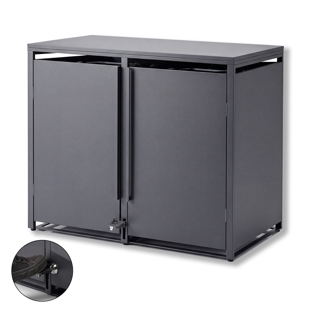 Metzler Mülltonnenbox | Freihändige Bedienung per Fußpedal | 2er | 240l | Stahl pulverbeschichtet | RAL 7016 Anthrazit