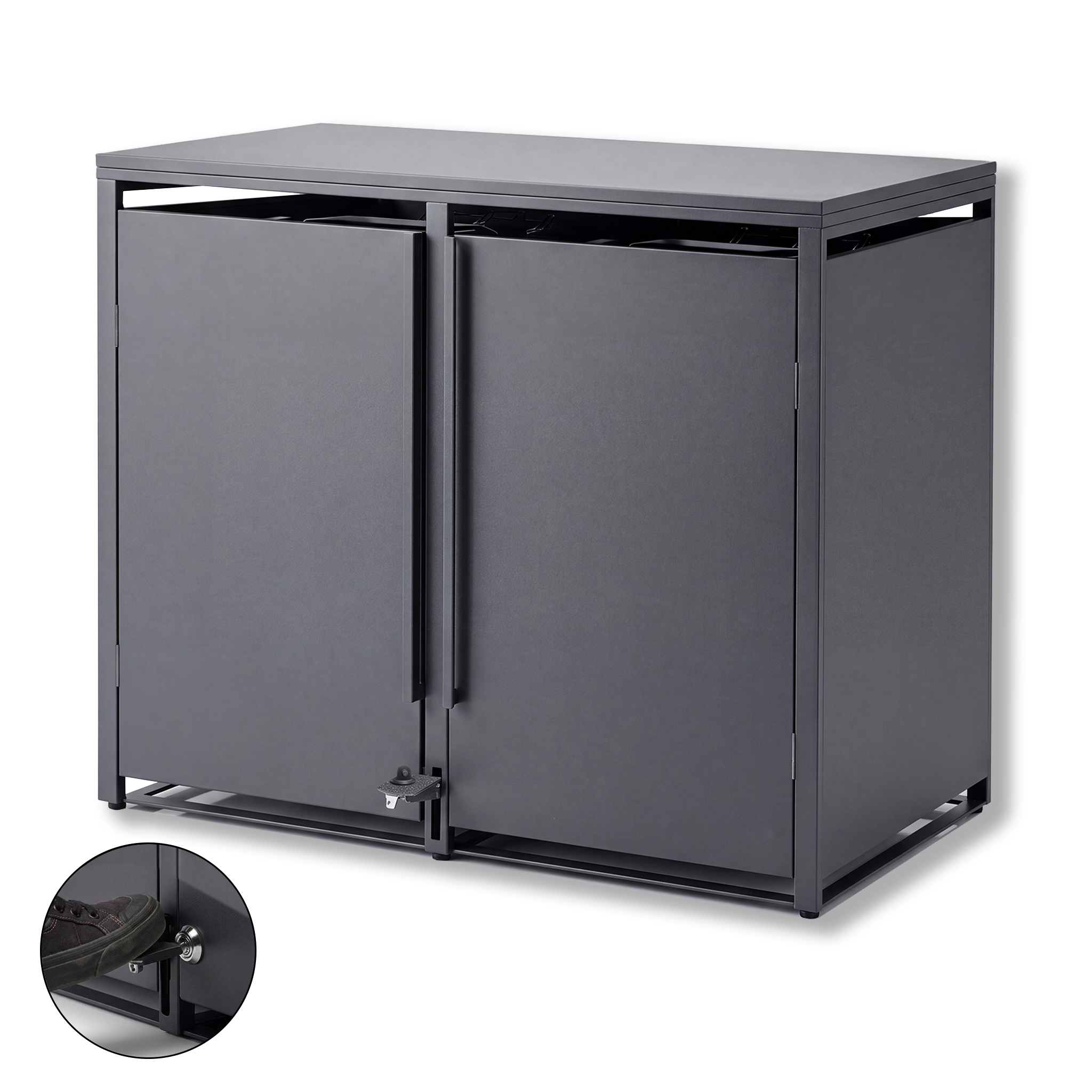 Metzler Mülltonnenbox | Freihändige Bedienung per Fußpedal | 2er | 240l | Stahl pulverbeschichtet | RAL 7016 Anthrazit