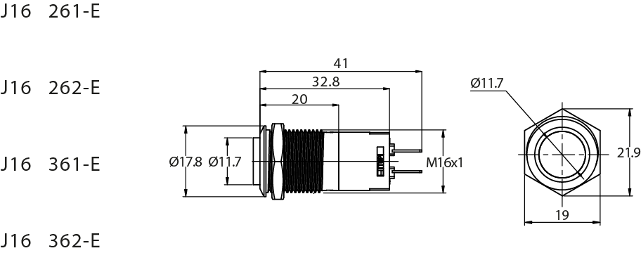 Metzler - Drucktaster 16mm - LED Ringbeleuchtung Rot - IP67 IK10 - Edelstahl - Hervorstehend - Lötkontakte