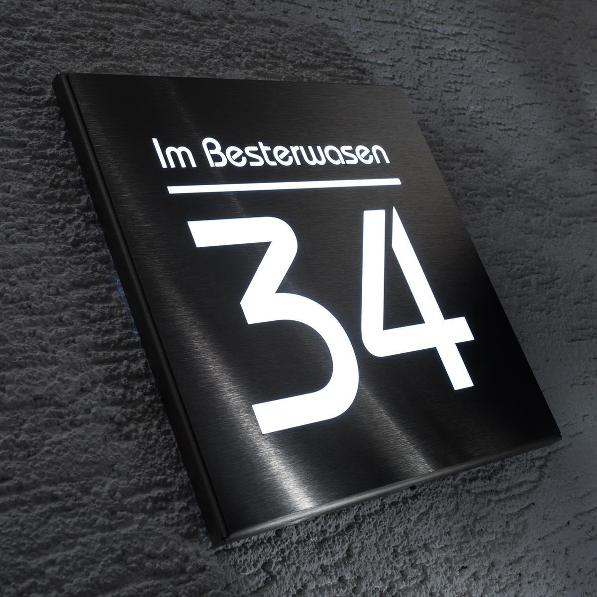 Hausnummernschild aus Edelstahl mit weißer LED-Beleuchtung