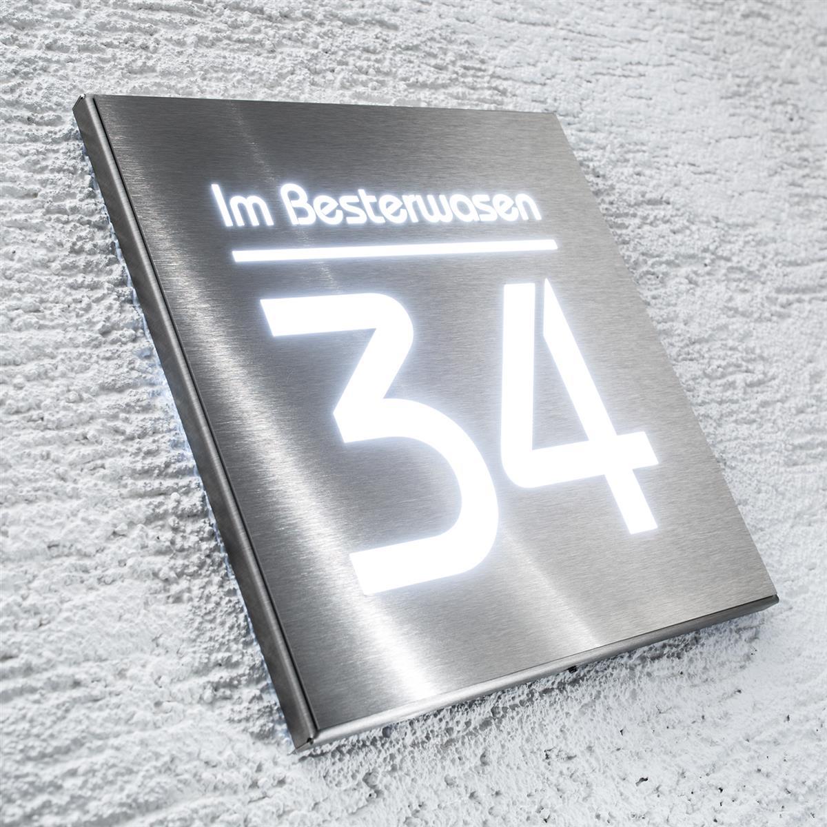Hausnummernschild aus Edelstahl mit weißer LED-Beleuchtung