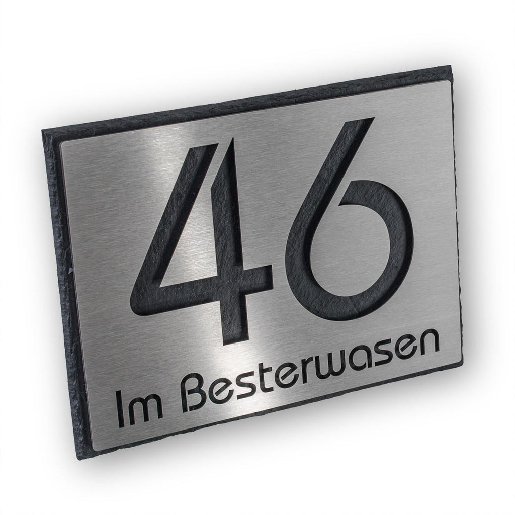 Hausnummernschild aus Schiefer & Edelstahl mit Lasergravur