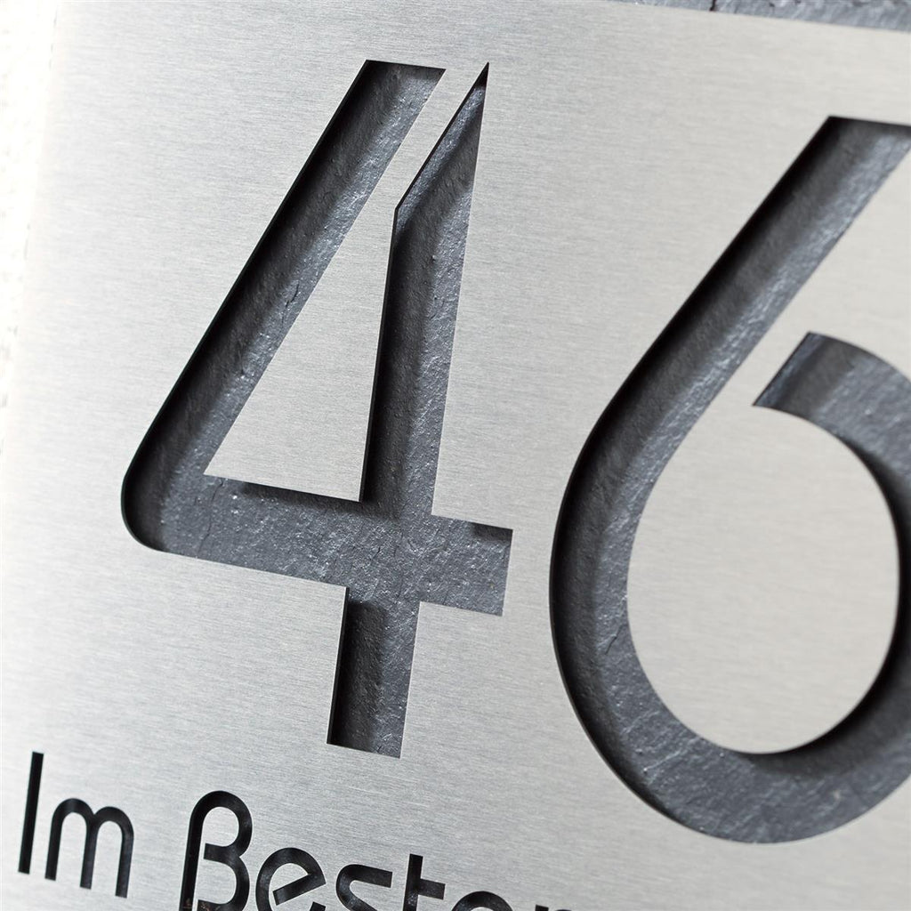 Hausnummernschild aus Schiefer & Edelstahl mit Lasergravur