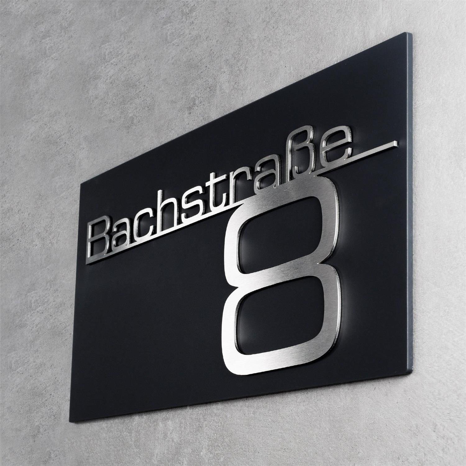 Metzler Hausnummernschild mit Schriftzug aus Edelstahl in Schwarz
