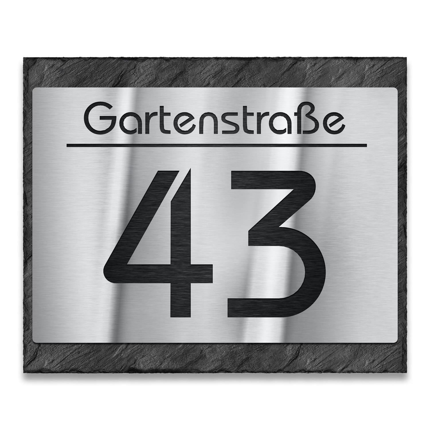 Hausnummernschild aus Edelstahl & Schiefer mit Lasergravur   ALT  ALT  ALT
