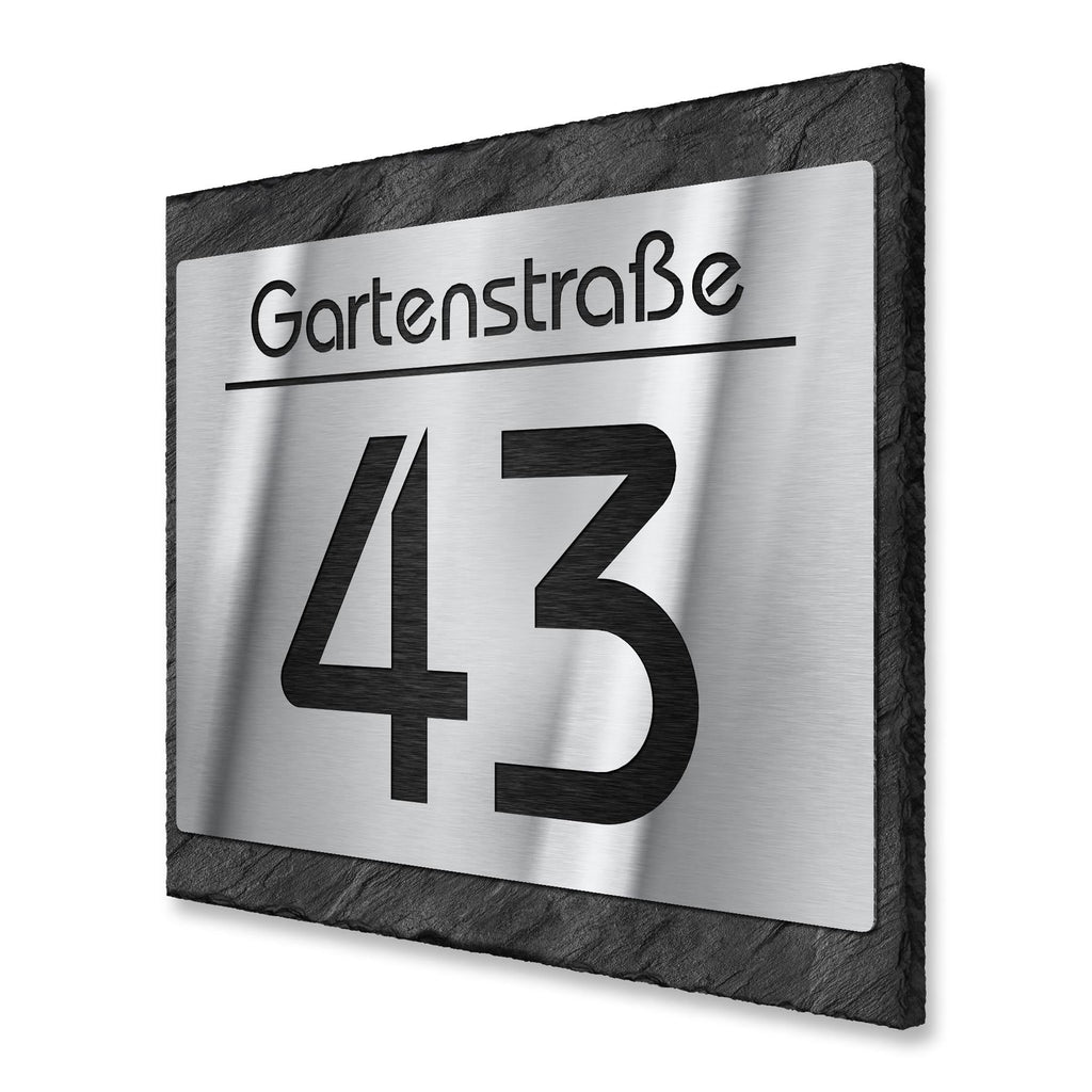 Hausnummernschild aus Edelstahl & Schiefer mit Lasergravur   ALT  ALT  ALT