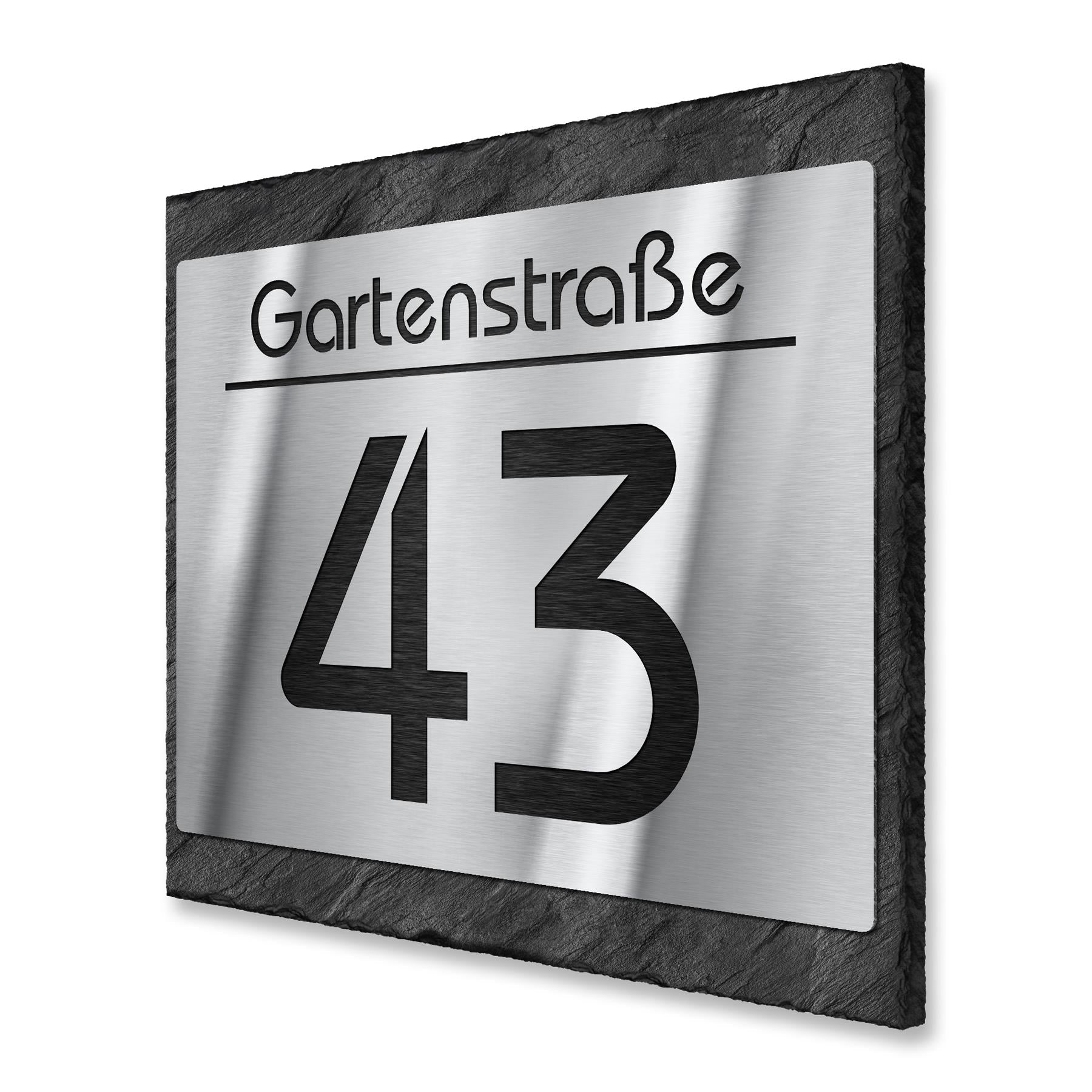 Hausnummernschild aus Edelstahl & Schiefer mit Lasergravur   ALT  ALT  ALT