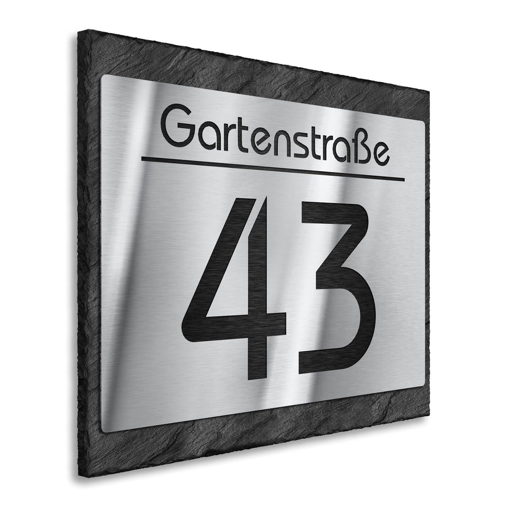 Hausnummernschild aus Edelstahl & Schiefer mit Lasergravur   ALT  ALT  ALT
