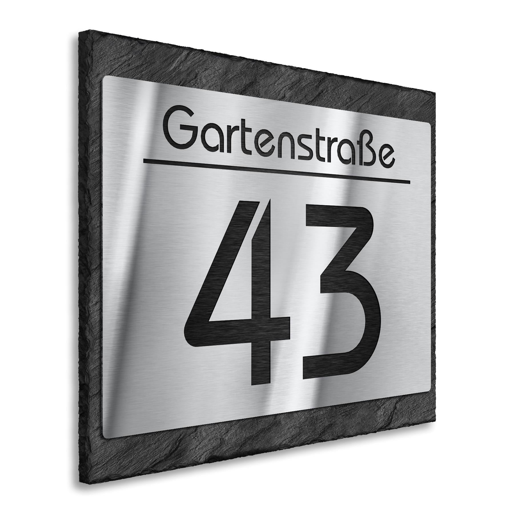 Hausnummernschild aus Edelstahl & Schiefer mit Lasergravur   ALT  ALT  ALT