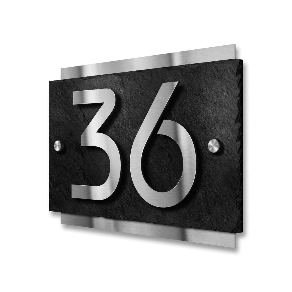 Hausnummernschild aus Schiefer mit 3D-Edelstahl-Hausnummer