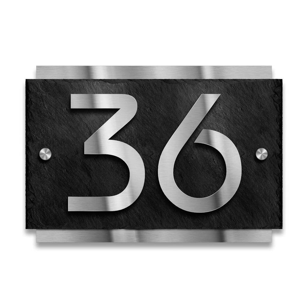 Hausnummernschild aus Schiefer mit 3D-Edelstahl-Hausnummer