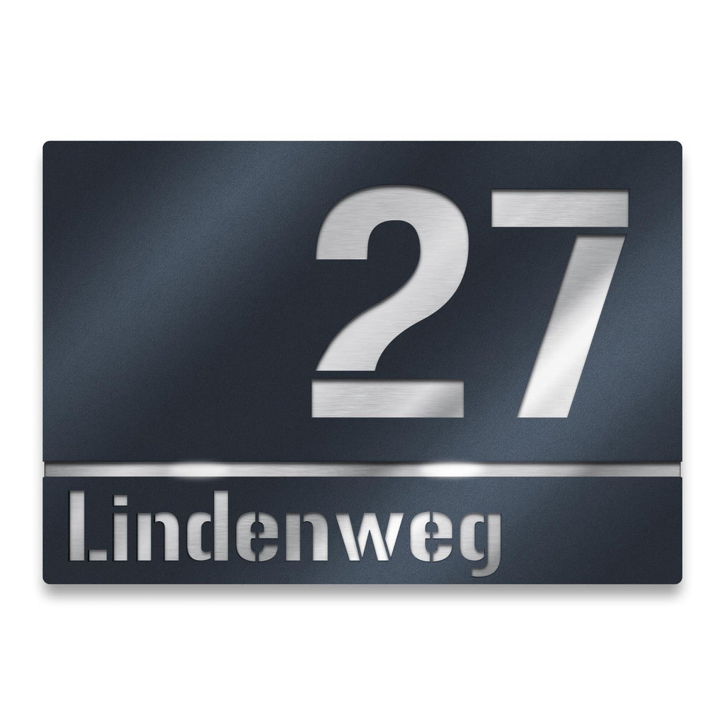 Hausnummernschild mit Straßennamen aus Edelstahl | 25 x 17,5 cm