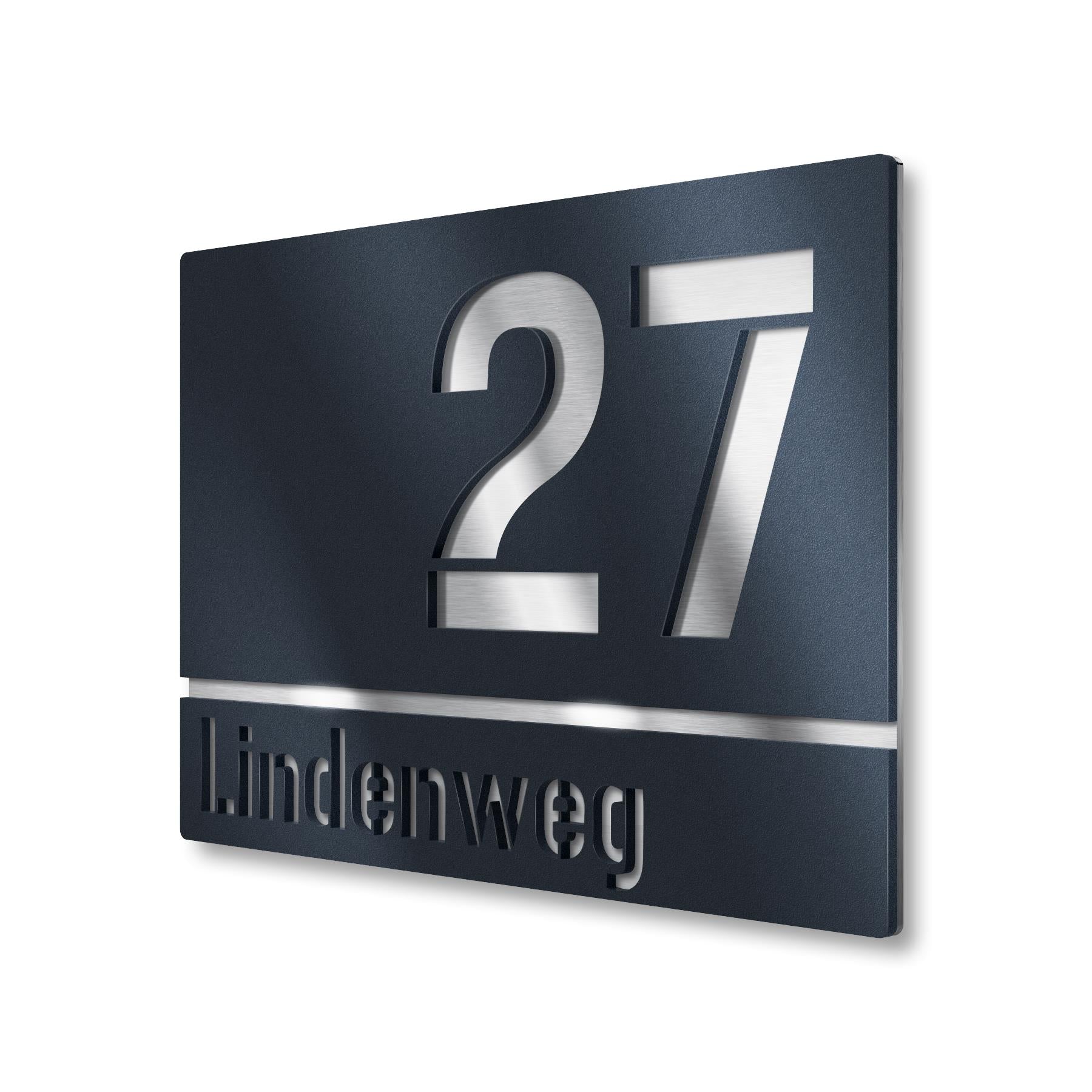 Hausnummernschild mit Straßennamen aus Edelstahl | 25 x 17,5 cm