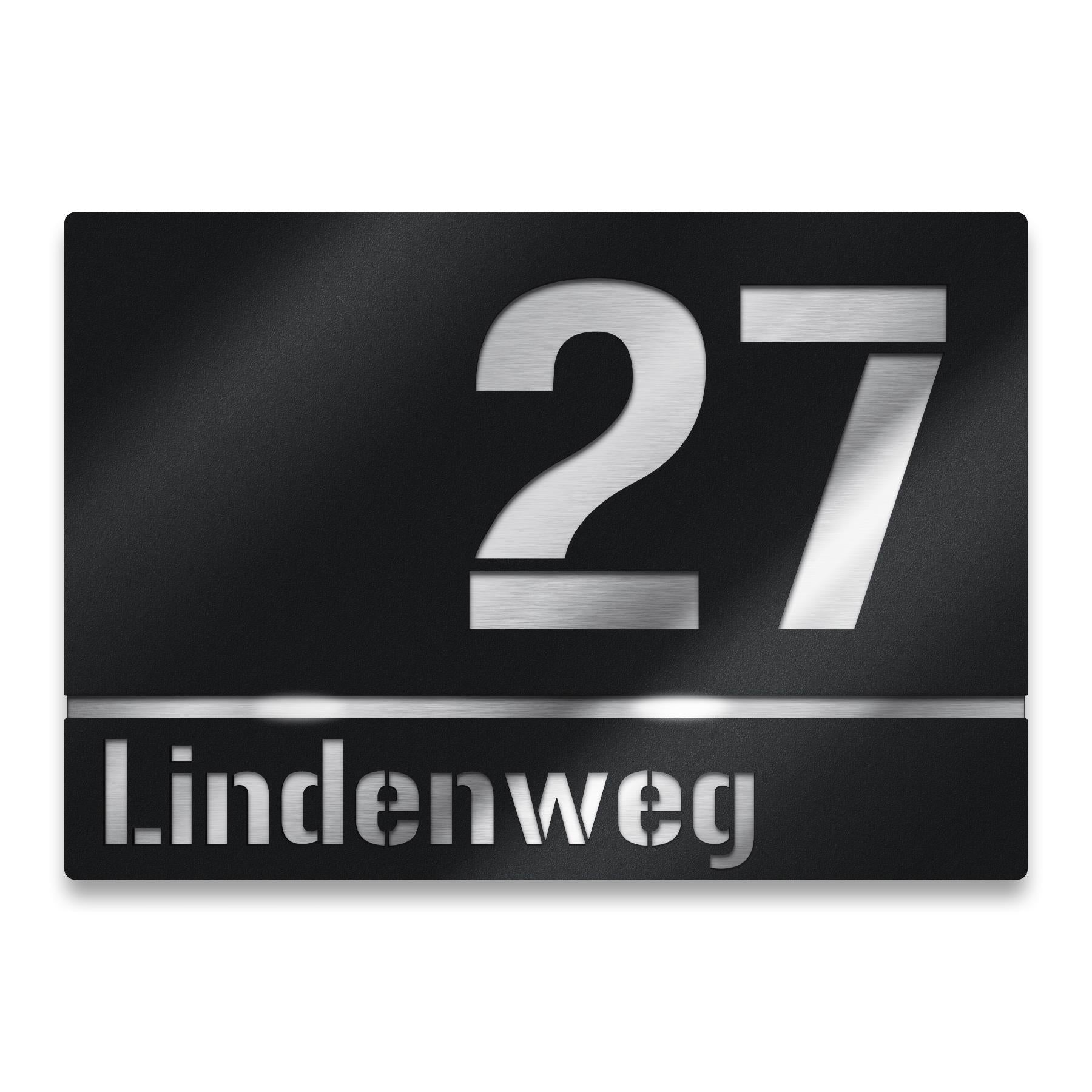 Hausnummernschild mit Straßennamen aus Edelstahl | 25 x 17,5 cm