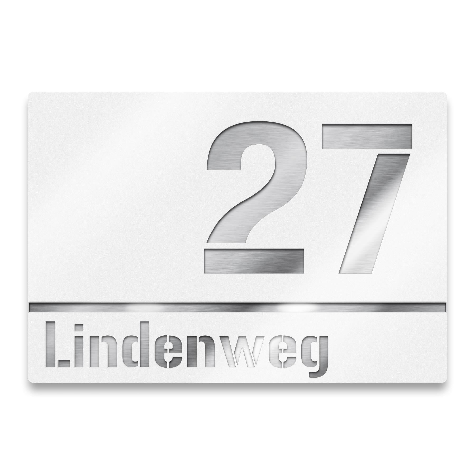 Hausnummernschild mit Straßennamen aus Edelstahl | 25 x 17,5 cm