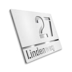Hausnummernschild mit Straßennamen aus Edelstahl | 25 x 17,5 cm