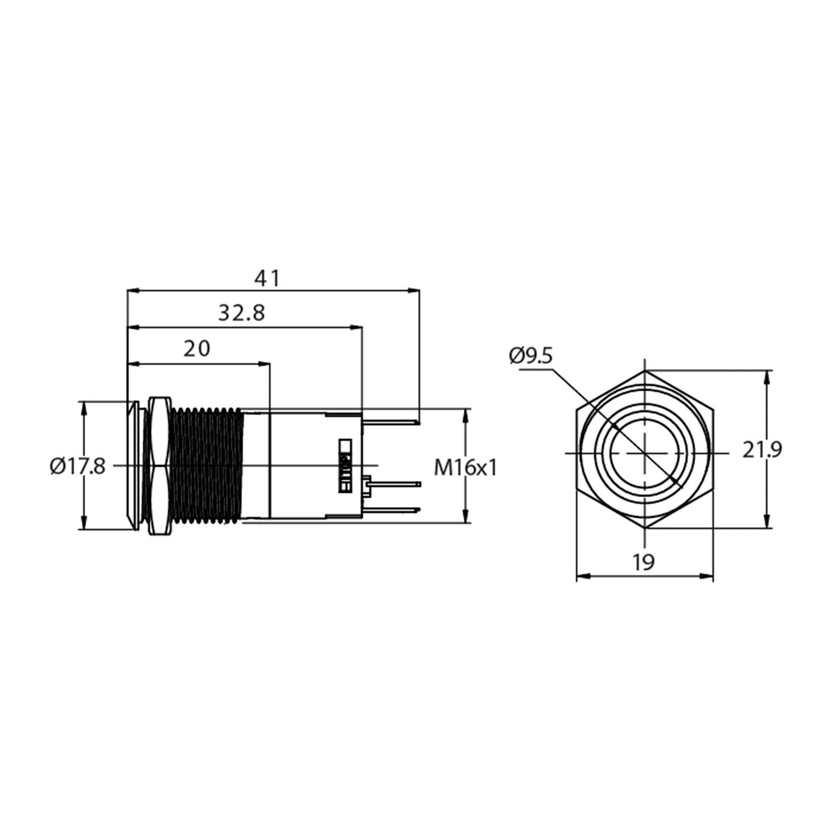 Metzler - Drucktaster 16mm - LED Ringbeleuchtung 230 V Gelb - IP67 IK10 - Edelstahl - Flach - Lötkontakte