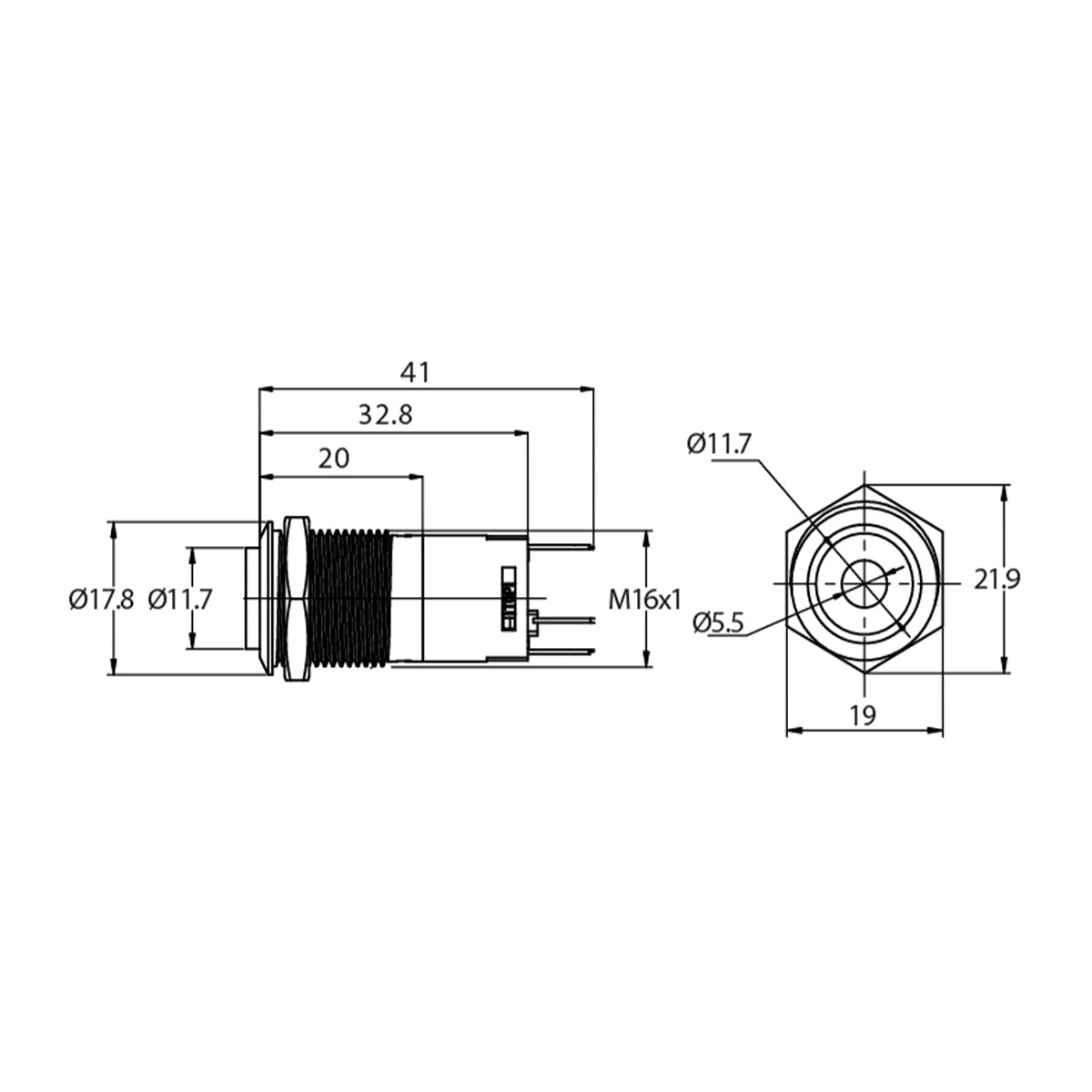 Metzler - Drucktaster 16mm - LED Punktbeleuchtung Rot - IP67 IK10 - Edelstahl - Hervorstehend - Lötkontakte
