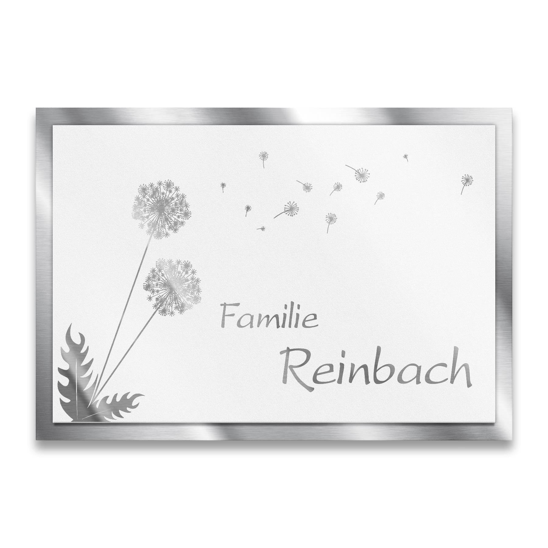 Namensschild Pusteblume aus Edelstahl in Weiß
