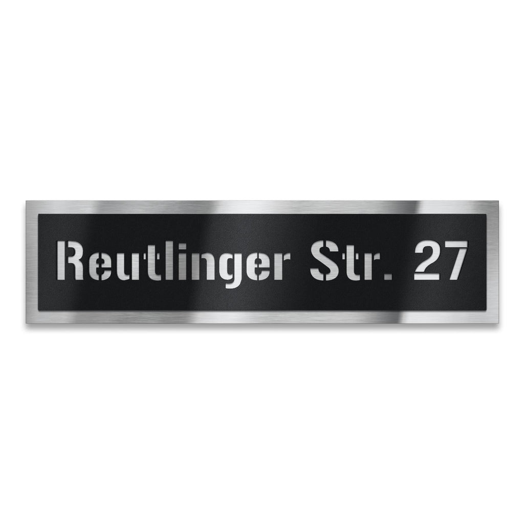 Schild mit Straße & Hausnummer aus Edelstahl in Schwarz