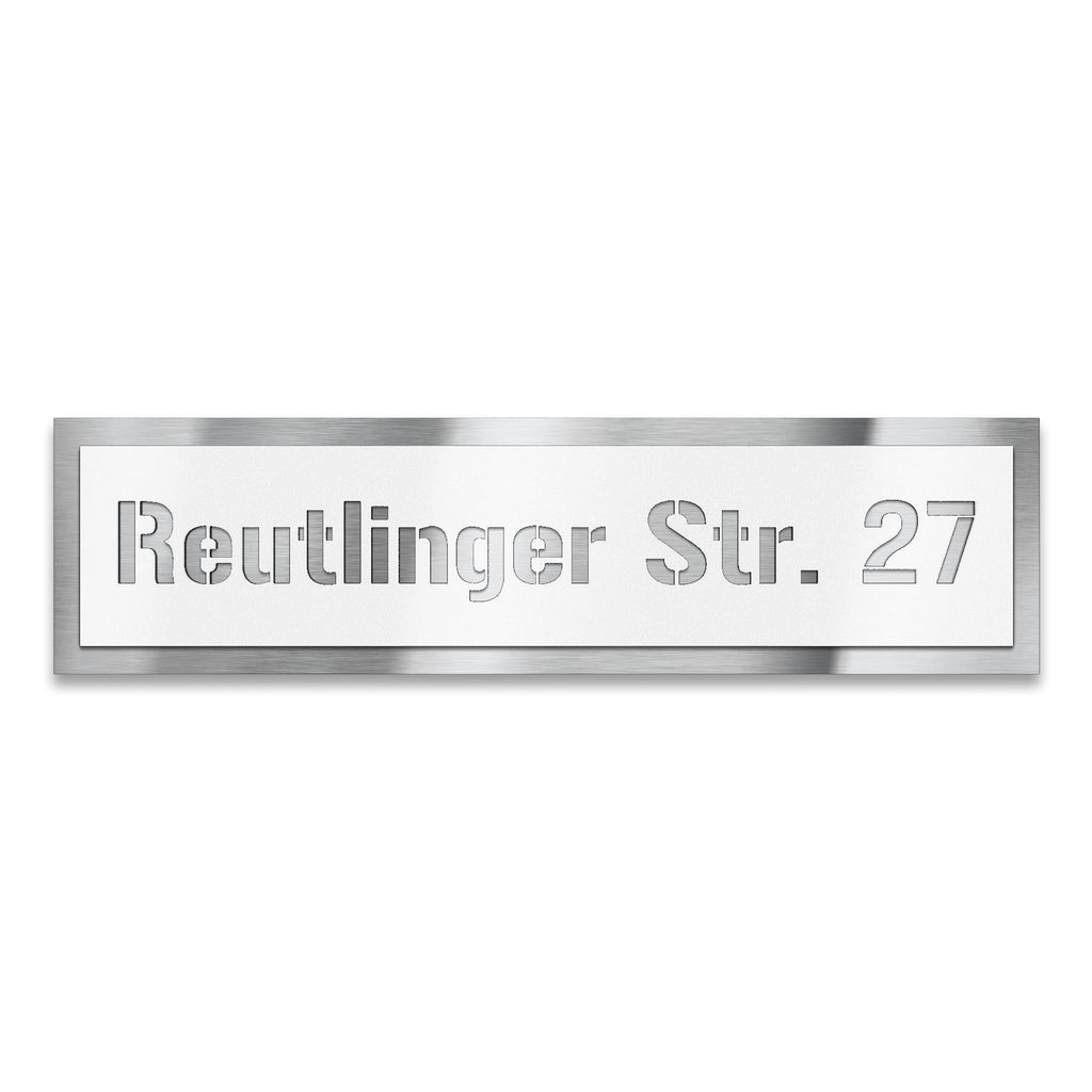 Schild mit Straße & Hausnummer aus Edelstahl in Weiß