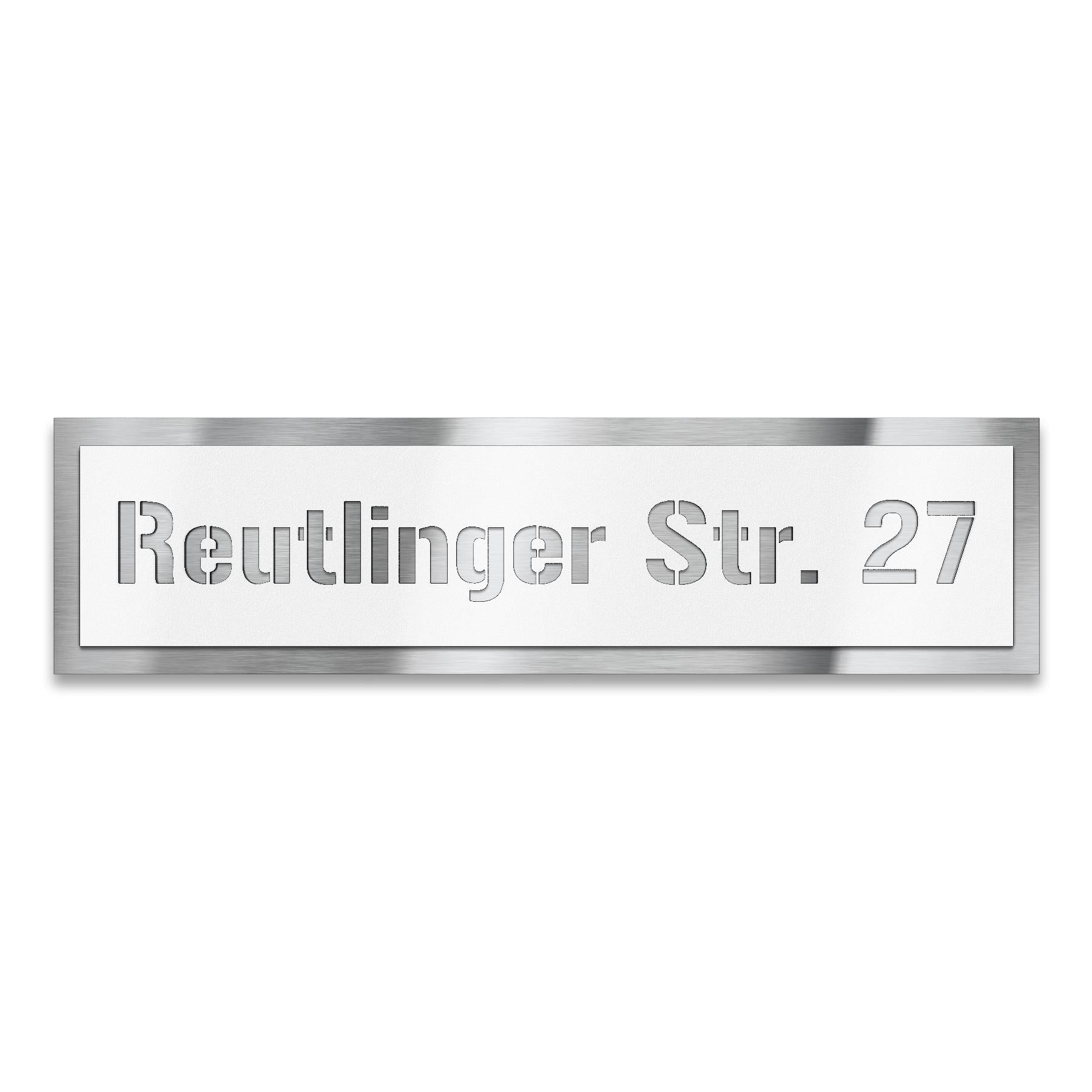 Schild mit Straße & Hausnummer aus Edelstahl in Weiß